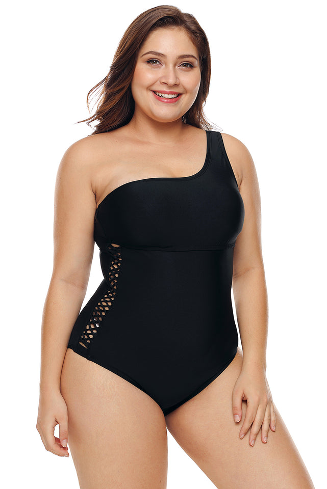 One Shoulder Grid Cutout Side Plus Size Maillot Swimwear - Aoka Styles Australia