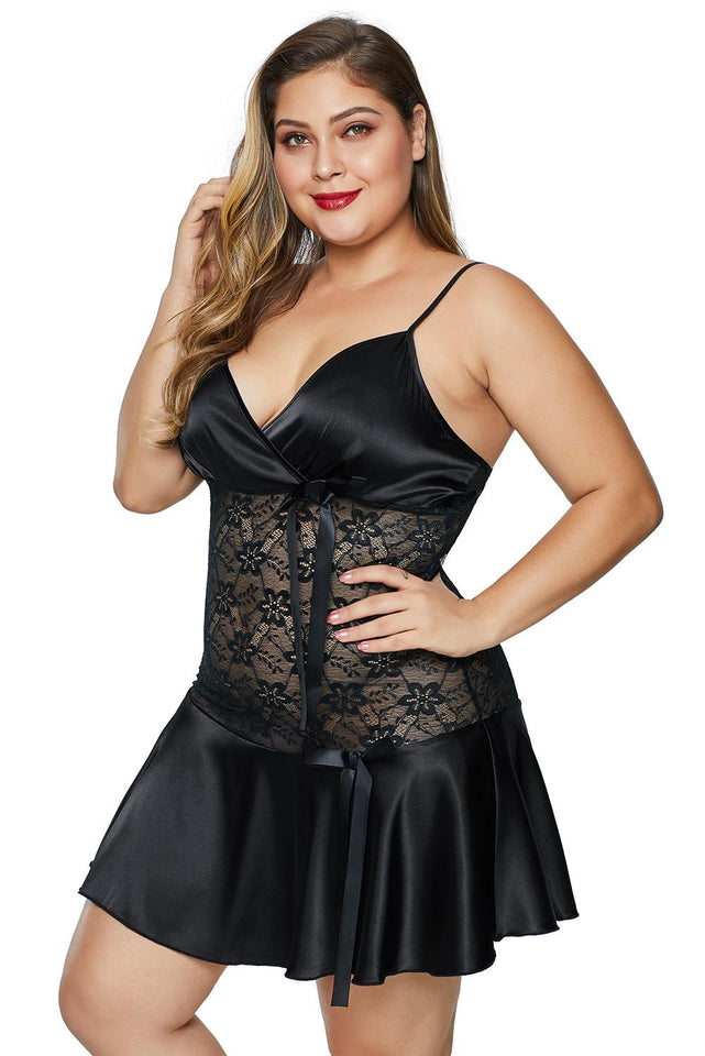 Black Wrapped V Neck Floral Lace Abdomen Plus Size Babydoll - Aoka Styles Australia