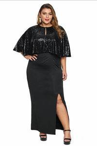 Black Sequin Cape Plus Size Maxi Dress - Aoka Styles Australia