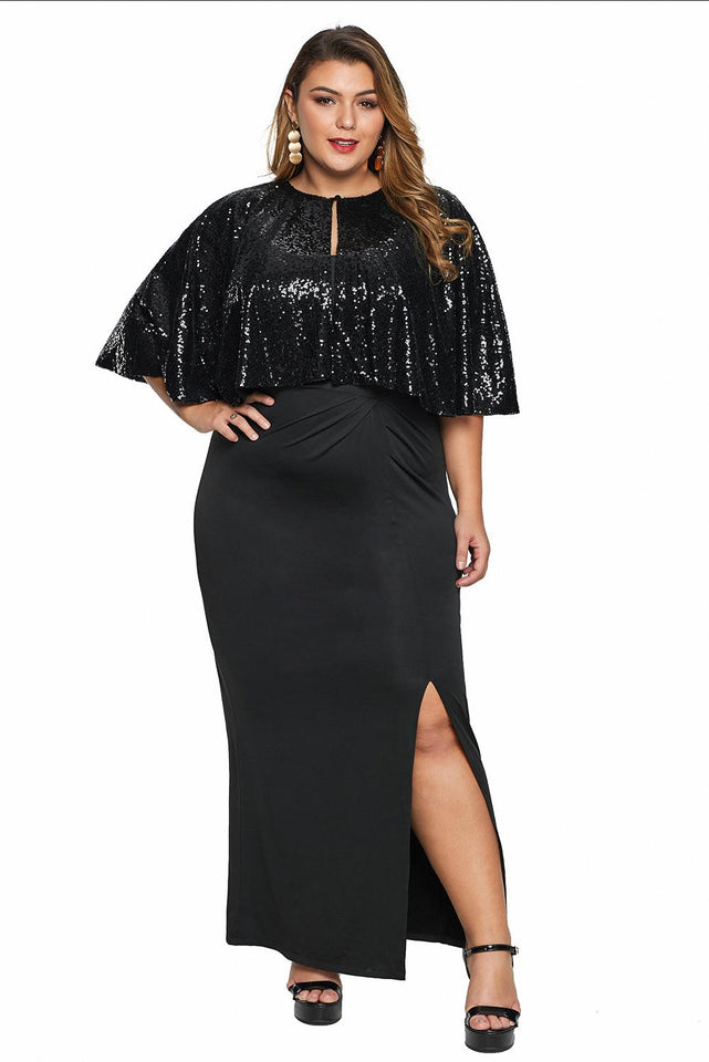 Black Sequin Cape Plus Size Maxi Dress - Aoka Styles Australia