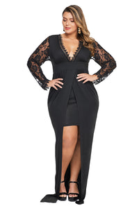 Black Deep V Neck Lace Sleeve Plus Size Front Slit Dress - Aoka Styles Australia