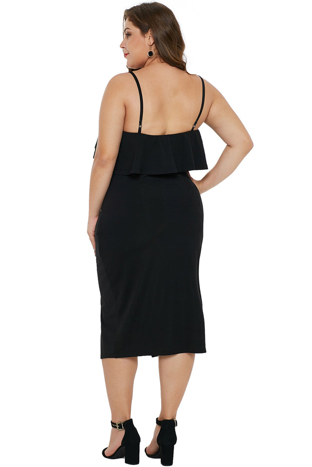 Black Ruffle Overlay Slit Front Plus Size Dress - Aoka Styles Australia