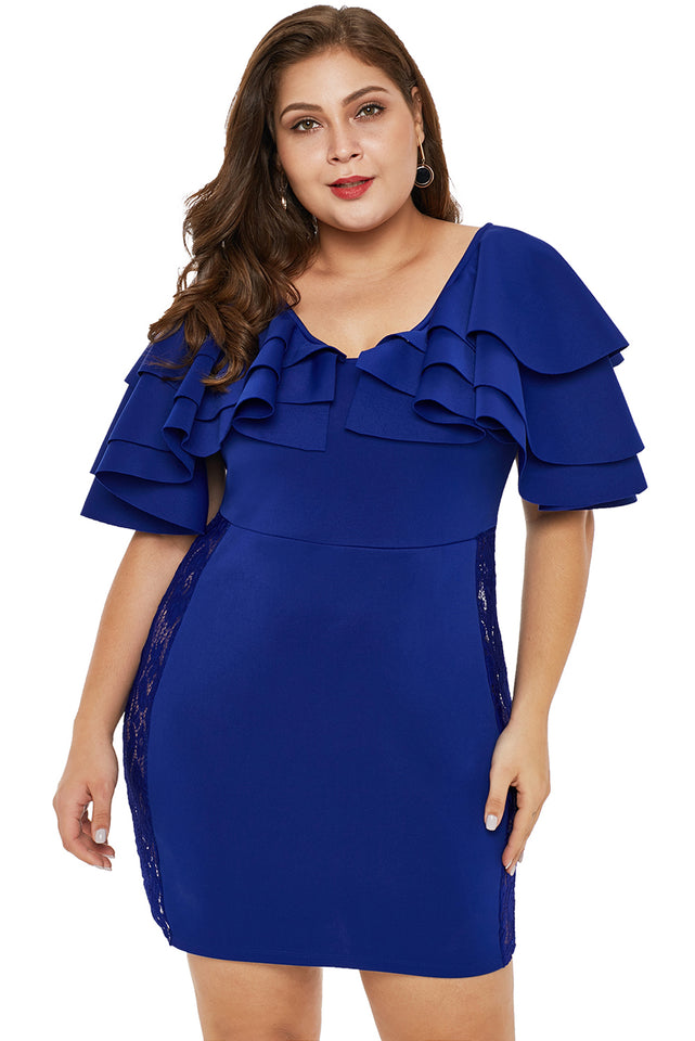 Blue Cascading Shoulder Lace Insert Plus Size Dress - Aoka Styles Australia