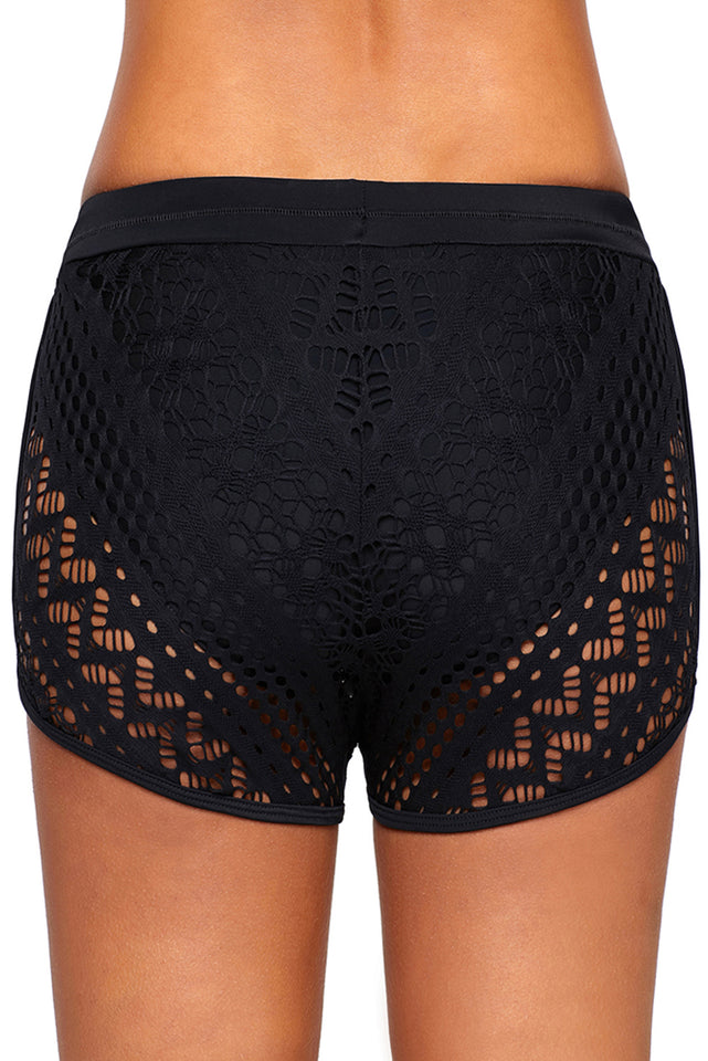 Black Drawstring Waist Lace Panel Plus Size Swimwear Shorts - Aoka Styles Australia