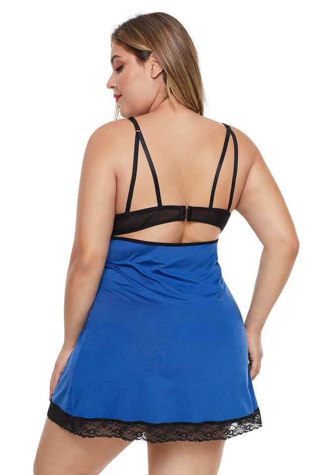 Blue Plus Size Lace Neckline Lingerie Dress with Thong - Aoka Styles Australia