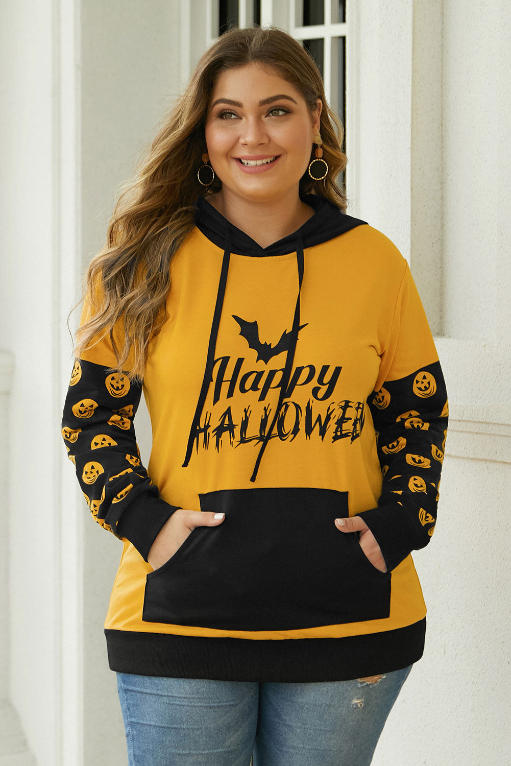 Banded Long Sleeve Kangaroo Pocket Halloween Plus Size Hoodie - Aoka Styles Australia