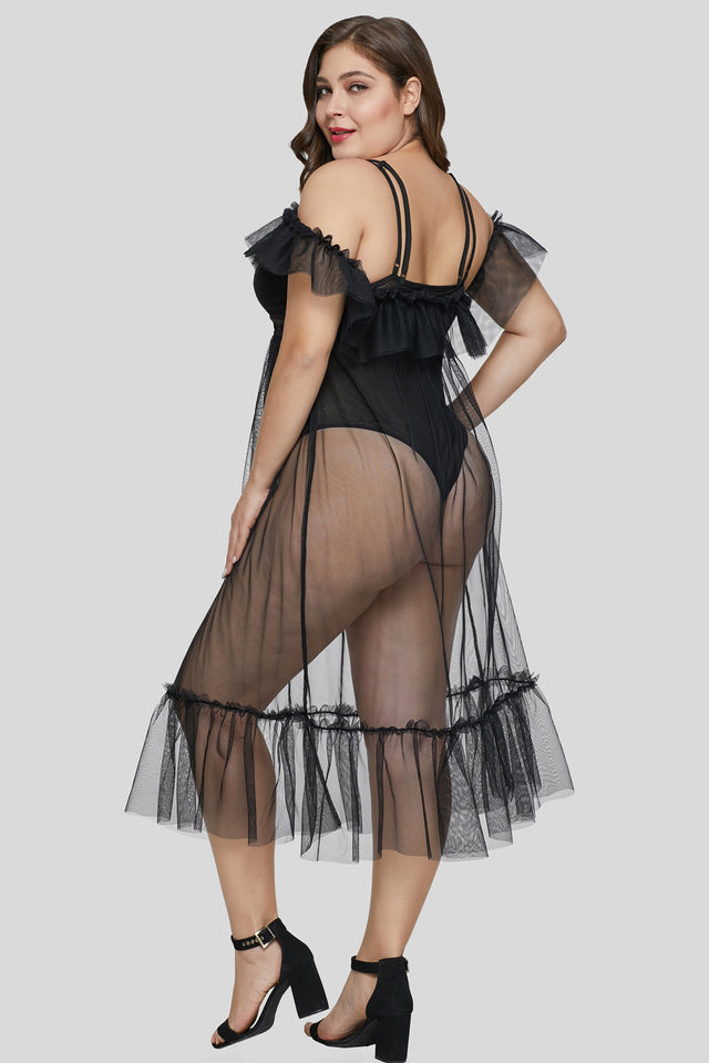 Black Plus Size Teddy Lingerie with Tulle Layer - Aoka Styles Australia