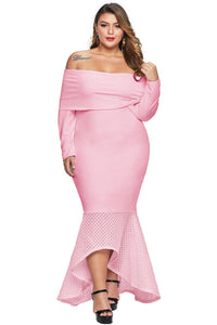 Pink Overlay Off Shoulder Fishtail Plus Size Maxi Dress - Aoka Styles Australia