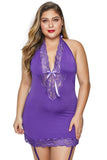 Purple V Neck Halter Open Back Plus Size Chemise - Aoka Styles Australia