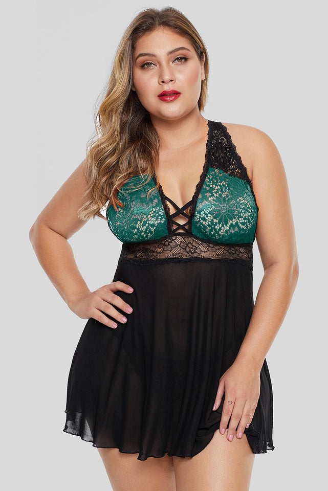 Green Plus Size Lattice Babydoll Set - Aoka Styles Australia