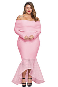 Pink Overlay Off Shoulder Fishtail Plus Size Maxi Dress - Aoka Styles Australia