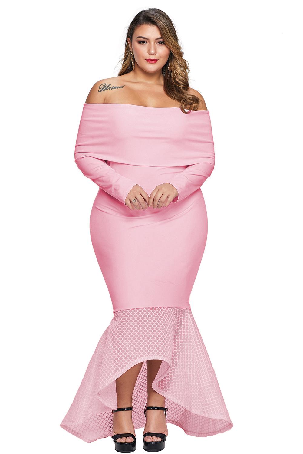 Pink Overlay Off Shoulder Fishtail Plus Size Maxi Dress - Aoka Styles Australia