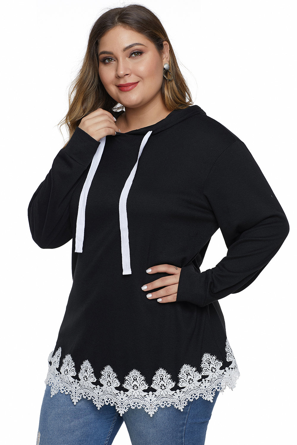 Black Plus Size Supersoft Hoodie Sweatshirt With Lace Trim - Aoka Styles Australia