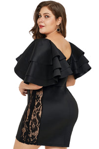 Black Cascading Shoulder Lace Insert Plus Size Dress - Aoka Styles Australia