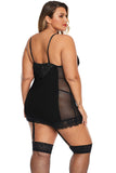 Black Garter Attached Lace Hybrid Mesh Plus Size Chemise - Aoka Styles Australia