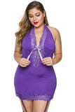 Purple V Neck Halter Open Back Plus Size Chemise - Aoka Styles Australia