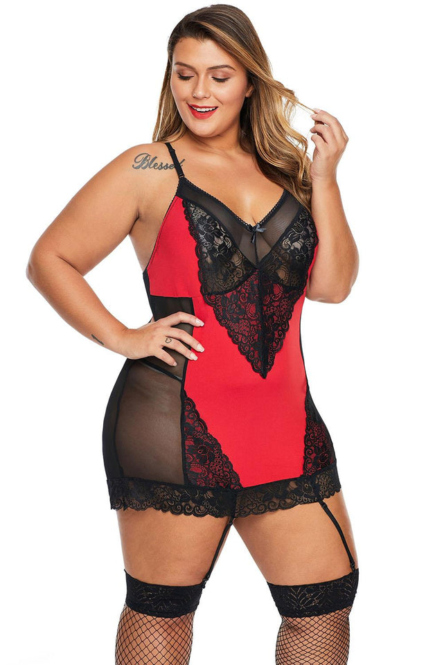 Red Garter Attached Lace Hybrid Mesh Plus Size Chemise - Aoka Styles Australia