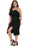 Black Ruffle Overlay Slit Front Plus Size Dress - Aoka Styles Australia