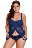 Navy Blue Lace Flyaway Underwired Plus Size Tankini Bathing Suit - Aoka Styles Australia