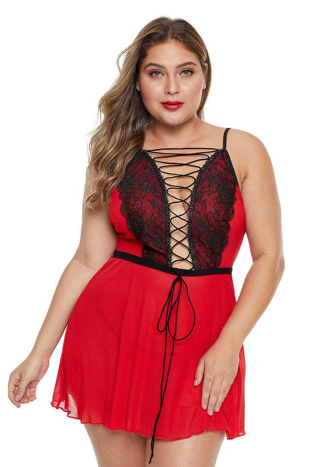 Red Lace-up Plus Size Babydoll - Aoka Styles Australia