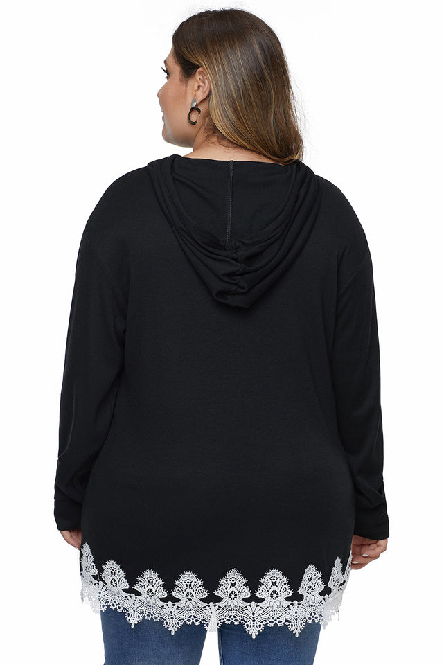 Black Plus Size Supersoft Hoodie Sweatshirt With Lace Trim - Aoka Styles Australia