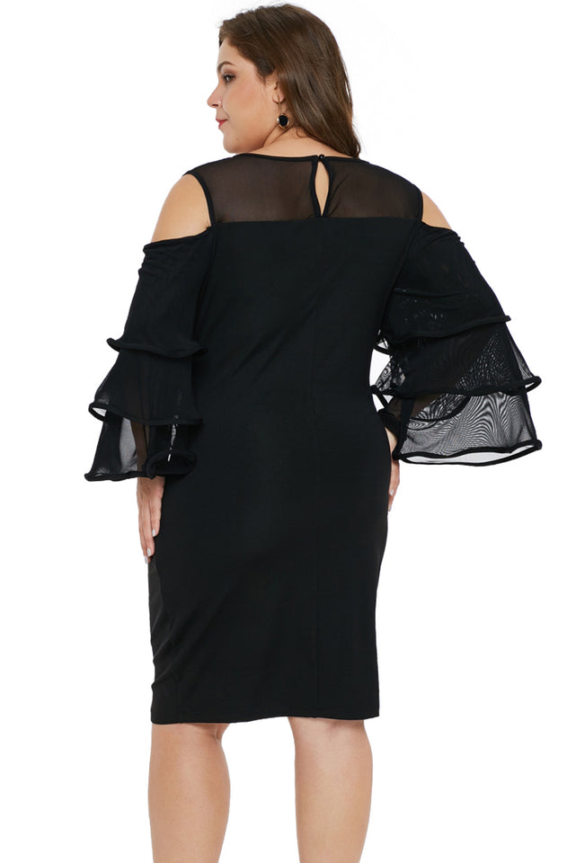 Black Cold Shoulder Cascading Sleeve Plus Size Dress - Aoka Styles Australia