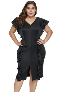 Black Ruffled Flutter Sleeve Plus Size Dress - Aoka Styles Australia