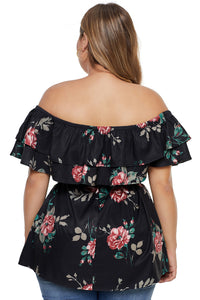 Black Plus Size Floral Tiered Off the Shoulder Top - Aoka Styles Australia