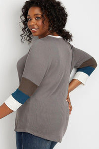 Gray Plus Size Blocked Sleeve Thermal Tee - Aoka Styles Australia