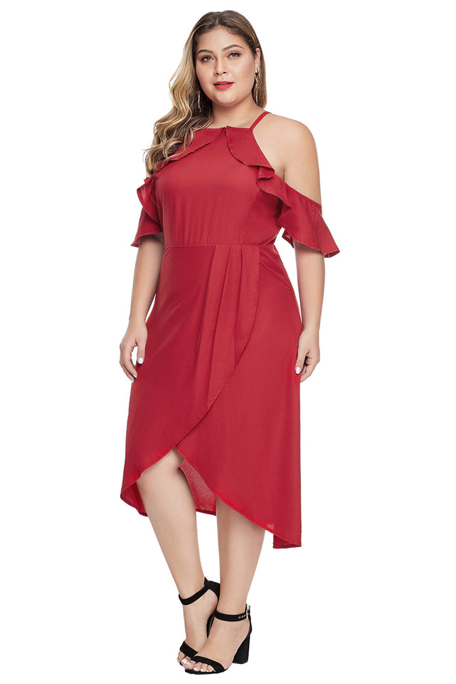 Red Off Shoulder Drop Sleeve Plus Size Dress - Aoka Styles Australia