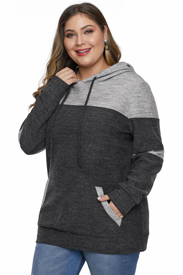 Black Color Block Pullover Plus Size Hoodie with Pocket - Aoka Styles Australia