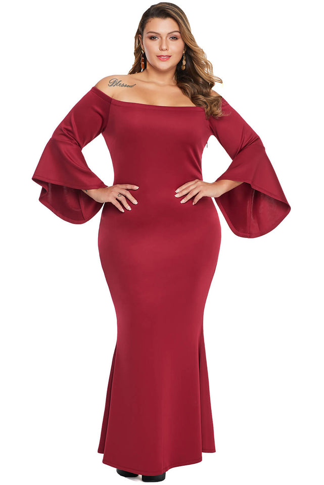 Red Plus Size Off Shoulder Flare Sleeve Maxi Dress - Aoka Styles Australia