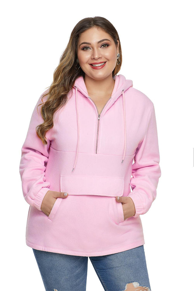 Pink Zip Neck Drawstring Plus Size Hoodie - Aoka Styles Australia