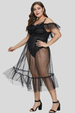 Black Plus Size Teddy Lingerie with Tulle Layer - Aoka Styles Australia