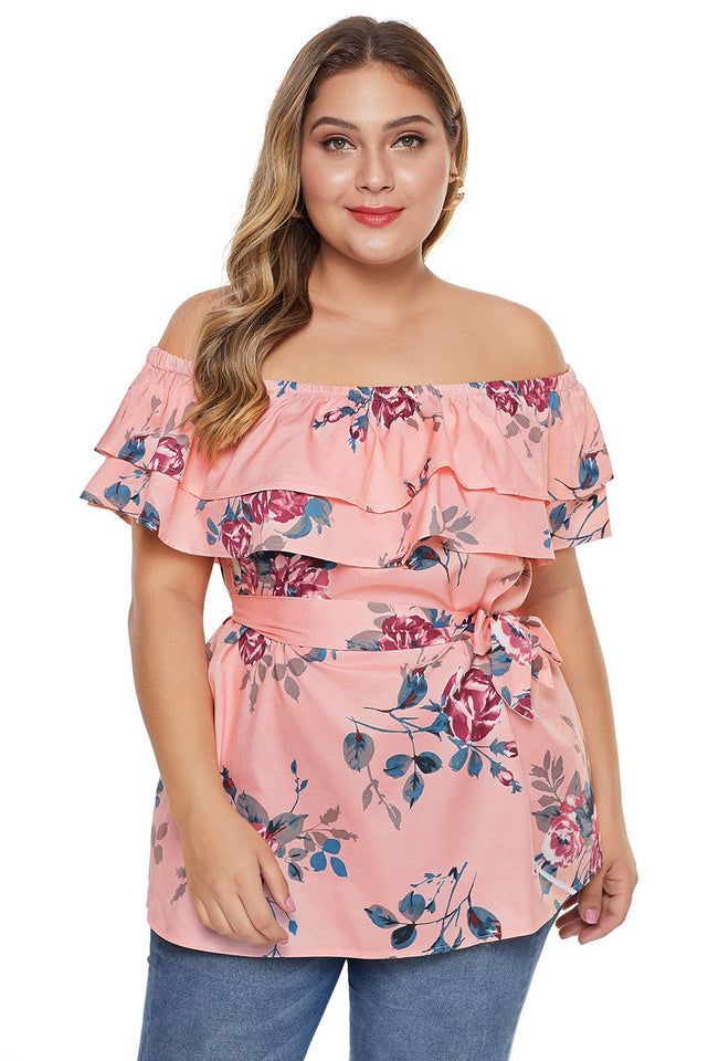 Pink Plus Size Floral Tiered Off the Shoulder Top - Aoka Styles Australia