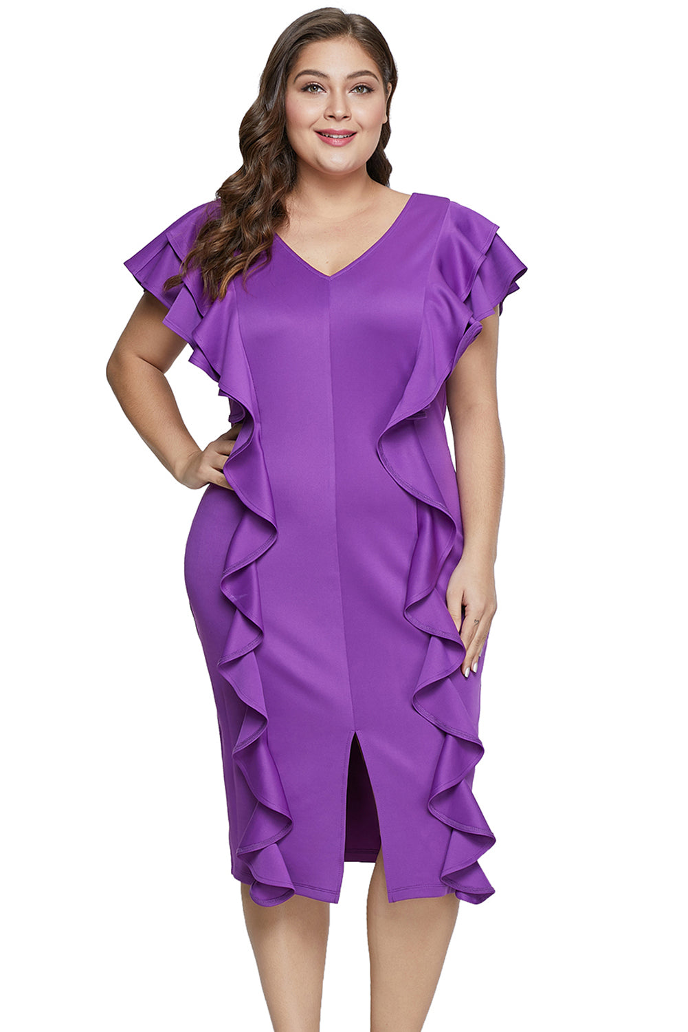 Purple Ruffled Flutter Sleeve Plus Size Dress - Aoka Styles Australia