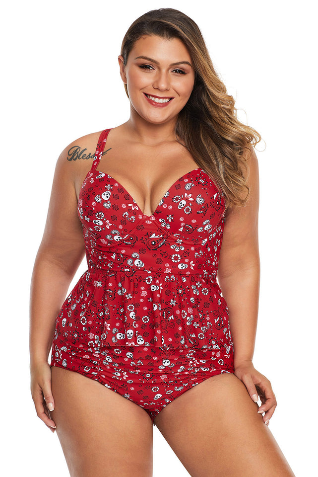 Red Print Moulded Cups Peplum Plus Size Bikini - Aoka Styles Australia