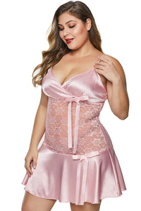 Pink Wrapped V Neck Floral Lace Abdomen Plus Size Babydoll - Aoka Styles Australia