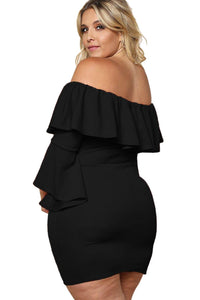 Black Plus Size Off Shoulder Layered Ruffle Bodycon Dress - Aoka Styles Australia