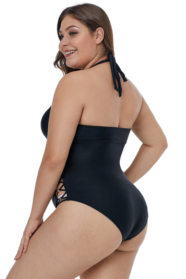 Black Crisscross Hollow-out Side Plus Size Maillot - Aoka Styles Australia