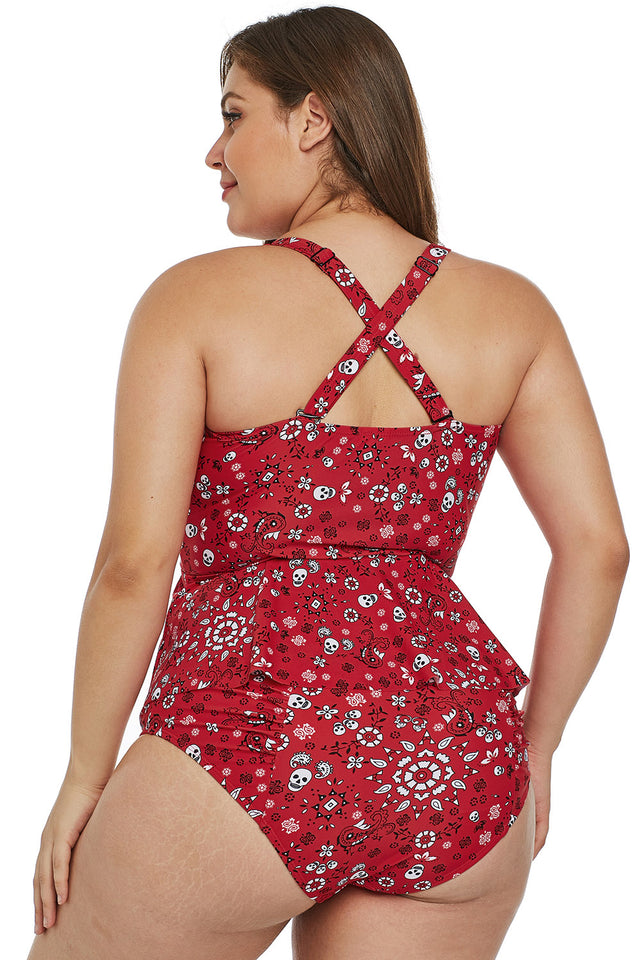 Red Print Moulded Cups Peplum Plus Size Bikini - Aoka Styles Australia