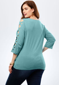 Light Blue Lattice Quarter Sleeved Plus Size Top - Aoka Styles Australia