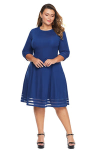 Blue 3/4 Length Sleeve Gauze Patchwork Flare Plus Size Dress - Aoka Styles Australia