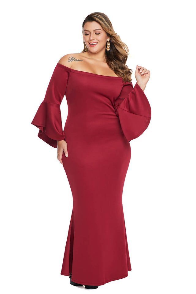 Red Plus Size Off Shoulder Flare Sleeve Maxi Dress - Aoka Styles Australia