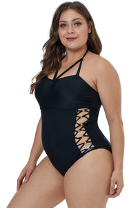 Black Crisscross Hollow-out Side Plus Size Maillot - Aoka Styles Australia