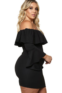 Black Plus Size Off Shoulder Layered Ruffle Bodycon Dress - Aoka Styles Australia