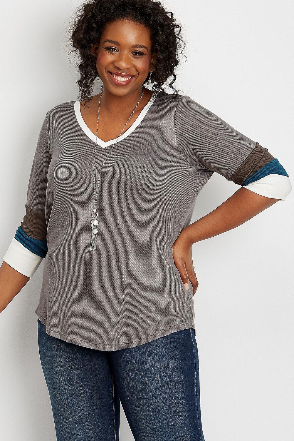 Gray Plus Size Blocked Sleeve Thermal Tee - Aoka Styles Australia