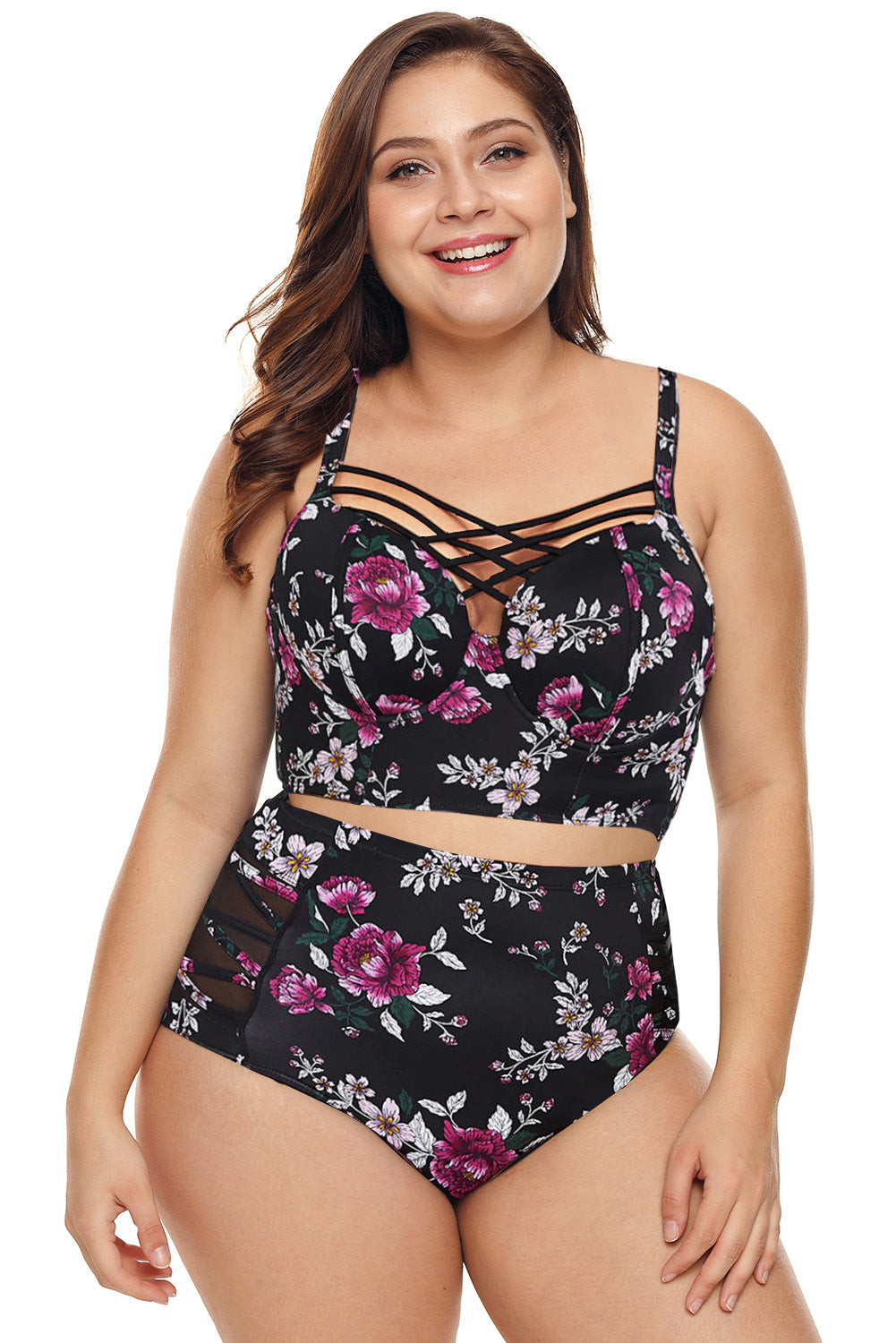 Purple Stylish Print Strappy Push Up Balconette Plus Size Bikini - Aoka Styles Australia