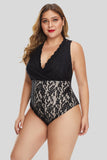 Black Plus Size Deep V Neck Floral Lace Lined Bodysuit - Aoka Styles Australia