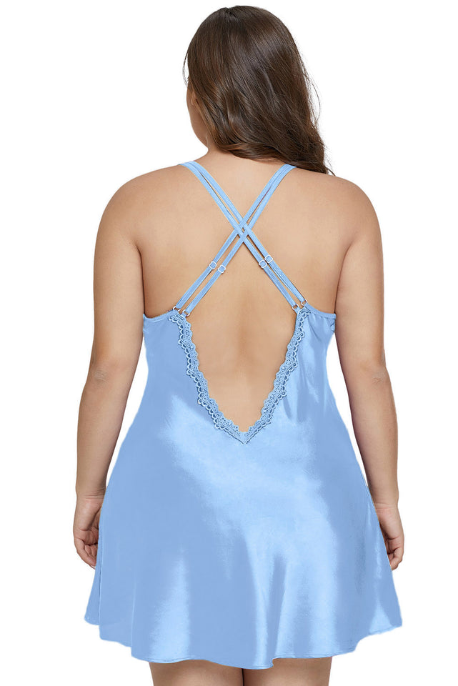 Sky Blue Plus Size Satin and Lace Chemise Set - Aoka Styles Australia